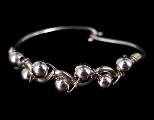 Vintage Sterling Silver Modernist Wire Wrapped Silver Ball Bead Bangle Bracelet 6"