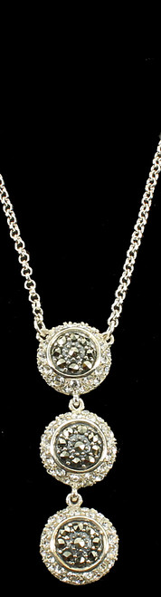 Vintage Sterling Pave Marcasite & CZ's 3 Disk Drop Lavaliere Necklace  17-20"