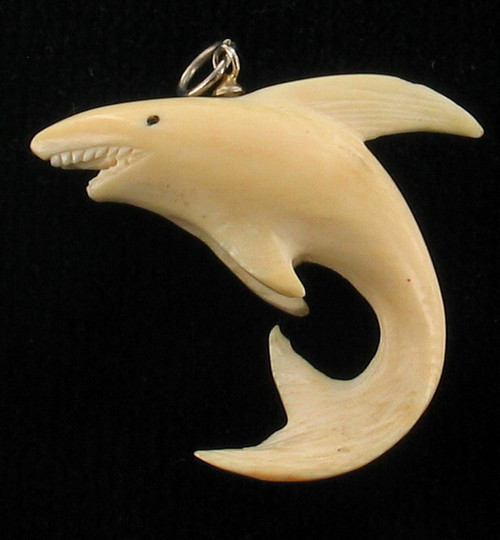Antique Deco Ivory 2" Smiling & Ferocious Shark Pendant Maritime Ocean Predator