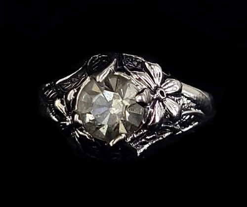 Vintage 14k White Gold Electroplate Floral Gray Paste Rhinestone Ring Size 8