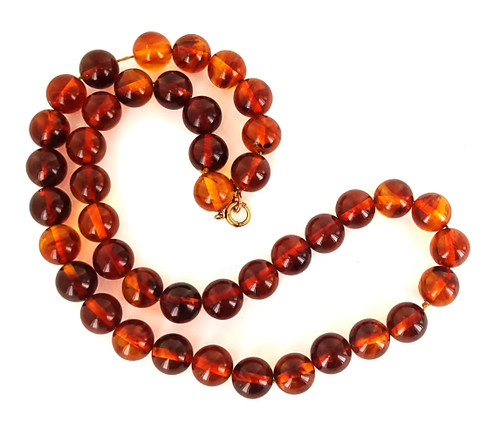 Vintage Baltic Amber Cognac Smooth Deep Color Round 12mm Bead Necklace Stunning 21”