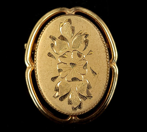 Antique Catamore 12k Gold Filled GF Victorian Floral Etched Oval Pin Brooch 1.25”