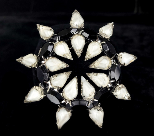 Vintage Kramer Givre Glass White Clear Black Rhinestone Sunburst Floral Pin 3”
