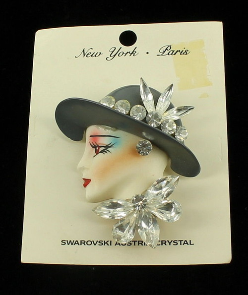 Vintage Stunning Lady Doll Face Swarovski Crystal Rhinestones Pin Original Card