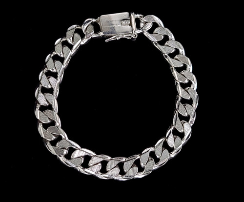 Vintage Thick Textured Curb Chain Link Unisex Bracelet 8” Silver Plated Unisex