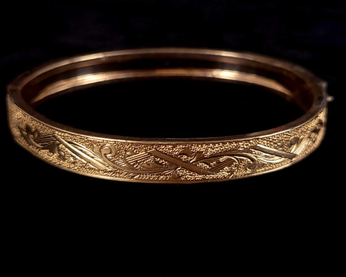 Antique 12K GF Gold Filled Victorian Floral Etched Engraved Bangle Bracelet 7” 1