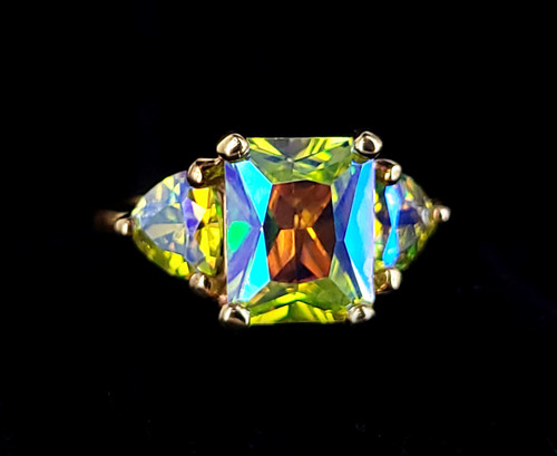 Vintage Gold over Sterling Silver Green Mystic Cubic Zirconia CZ Ring Size 8