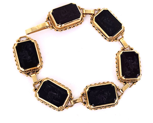 Vintage 14k Gold Carved Italian Intaglio Black Onyx St. George Link Bracelet 7”