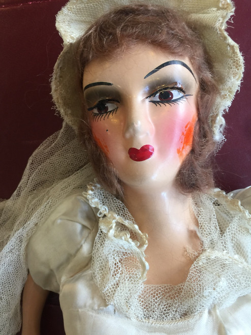 Antique Deco Flapper Bride Doll Brunette Boudoir Bed Composite W Eyelashes 28"