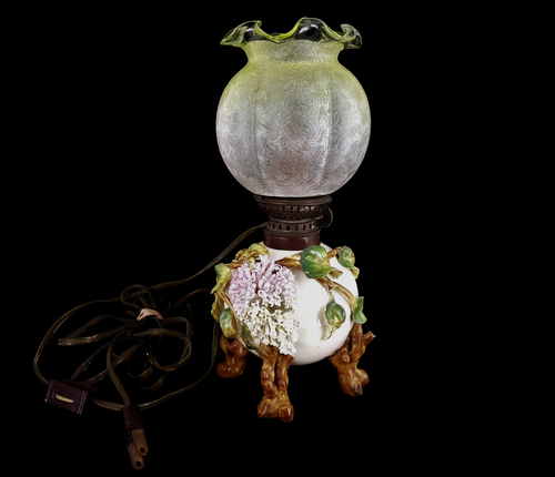 Antique Miniature Oil Lamp Baccarat Sitzendorf Porc & Vaseline Glass Floral 9.5"