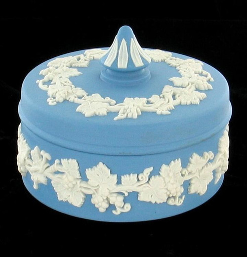 Vintage Blue Jasperware Wedgwood Trinket Vanity Dresser Round Box