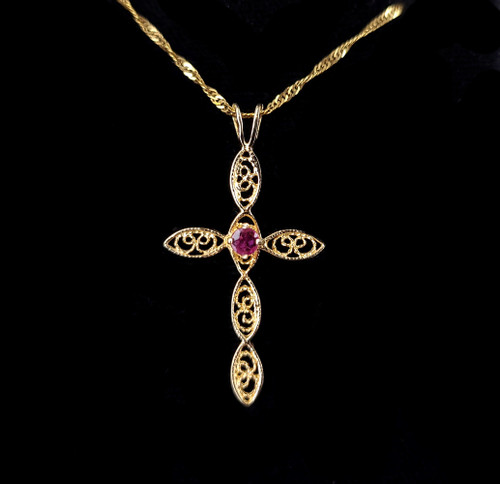 Vintage Mid Century 14k Gold Pink Spinel Cross Filigree Pendant Necklace 18"