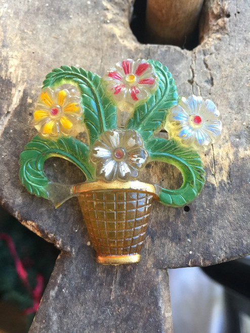 Antique Deco 1920's Lucite Plastic Flower Bouquet Basket Lovely 3D Pin 2" H x 2" W