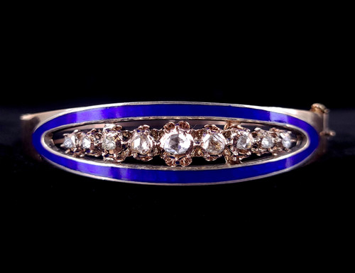 Antique 12-14k Gold Georgian 3ct Rose Cut Diamond Blue Enamel Bangle Bracelet 7”