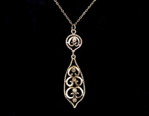 Vintage 14k Yellow Gold Filigree Floral Dangle Sweet Charm Pendant Necklace 16"