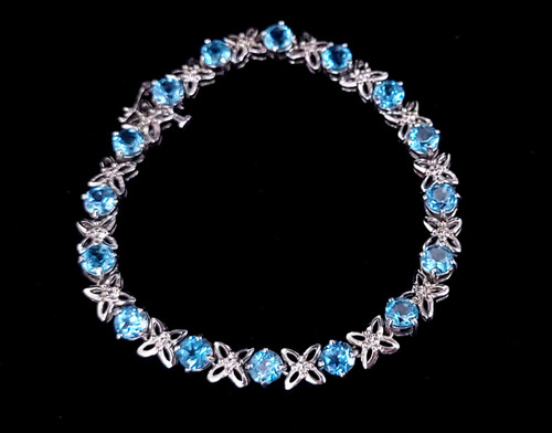 Vintage Sterling Silver 8.016cts Swiss Blue Topaz Diamond Tennis Bracelet 7"
