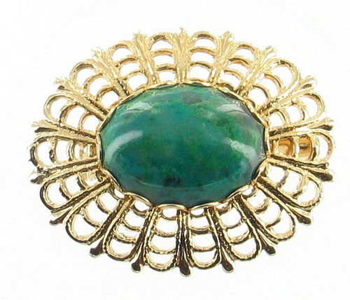 VINTAGE OVAL 9ct CHRYSOCOLLA HUGE CAB GOLD TONE FILIGREE PIN BROOCH PRETTY