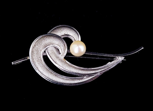 Vintage Sterling Silver Mid Century Modern Wave Wind Design Pearl Brooch Pin 2”