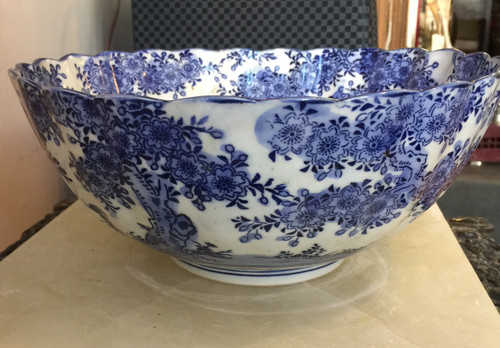 Antique Chinese Qing Porcelain Serving Bowl Dragons Floral White & Blue 9.5”