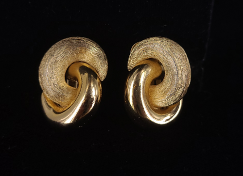 Vintage Gold Tone Christian Dior Twisted Design Mid Century Clip on Earrings 1.25”