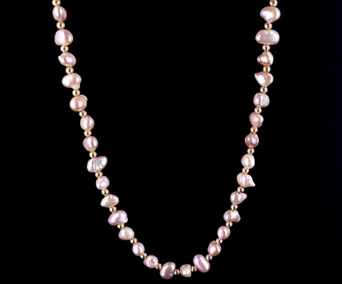 Vintage 14k Yellow Gold 8mm Pink Champagne Baroque Pearl Gold Bead Necklace 18”