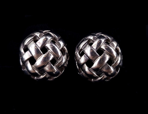 Vintage Givenchy Signed Lattice Basket Weave Silver Plate Clip On Earrings .75”