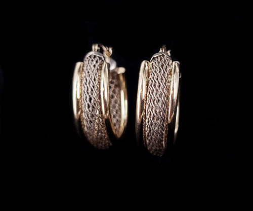 Vintage Sterling Silver 14k Gold Mesh Hoop Huggie Post Lever Back Earrings .75”