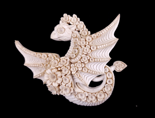 Vintage Meerschaum Clay Carved Dragon Floral Handmade Brooch Pin 2.5”