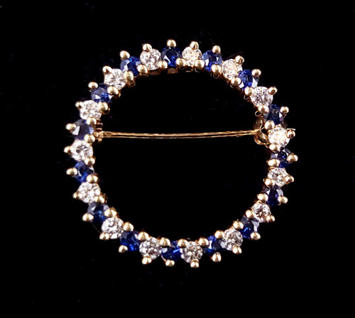 Vintage 14k Gold White Sapphire London Blue Topaz Round Wreath Pin Brooch .75”