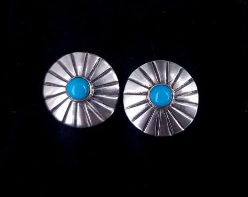 Vintage Native American Sterling Silver Turquoise Round Clip-On Earrings .75”