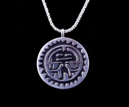 Vintage Sterling Silver Aztec Motif Mexico Pendant Necklace 20”