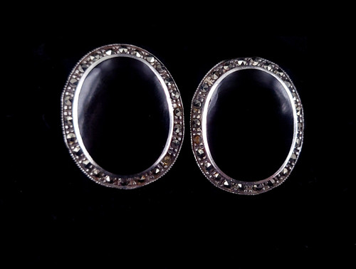 Vintage Sterling Silver Black Onyx Marcasite Mid Century Clip Back Earrings 1.1”