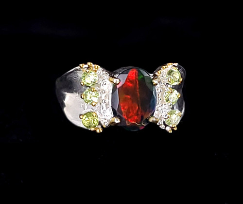 Vintage Sterling Silver Black Opal Brilliant Play of Color Peridot Ring Sz 8.5