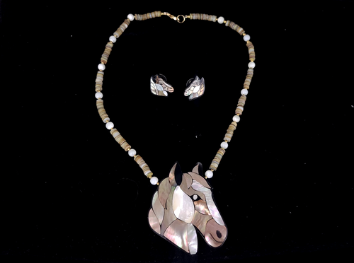 Vintage Lee Sands Inlaid Mother of Pearl Horse Necklace Earring set w Box