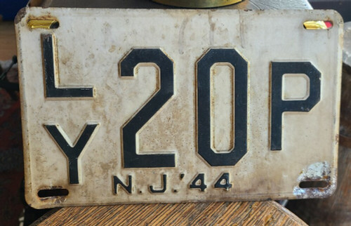 Vintage 1944 NEW JERSEY License Plate - White Black NJ 1944- LY 20P