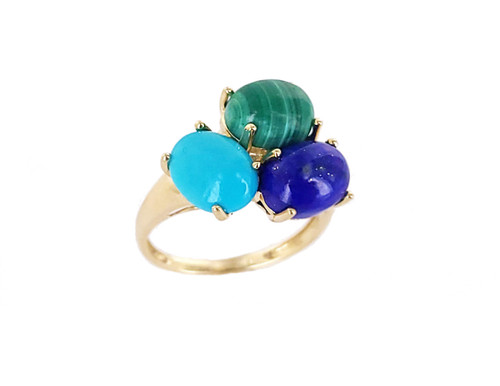 Estate 14k Gold Cirari Lapis Lazuli Malachite Turquoise Cluster Ring s 7.25