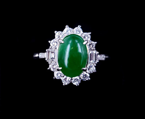 Vintage Platinum Green Jade Jadeite Diamond Engagement Wedding Halo Ring sz 7