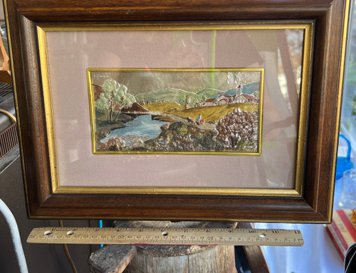 Vintage Italian Renaissance Pastoral Painting Embossed Sterling Signed Framed