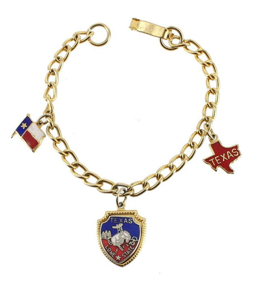 Vintage State Of Texas Enamel Lone Star Charms 1950s Bracelet Gold Plated ! 6.5"