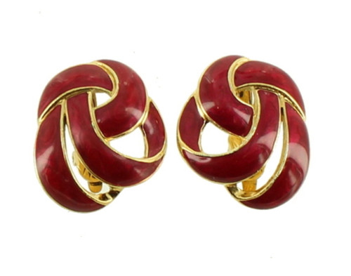 VINTAGE TRIFARI Disco 70's  RED LUSTROUS ENAMEL RIBBON CLIP ON EARRINGS 1.25"!