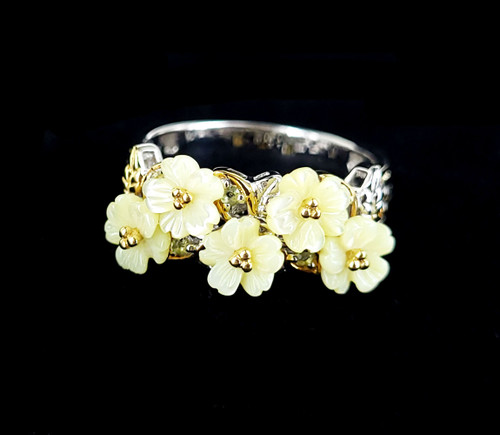 Estate Sterling Gold Flower Mother of Pearl Shell Gems En Vogue Michael Valitutti Ring 9