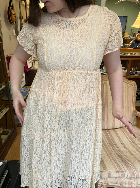 Vintage 70s Boho Chantilly Lace Dress -Light Blush Pink Waist S US 5/6-Wedding?