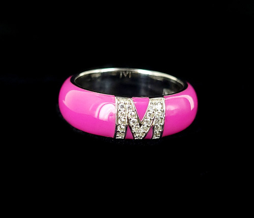 Estate Sterling Silver Pink Enamel M Initial CZ Cubic Zirconia Ring Band sz 7