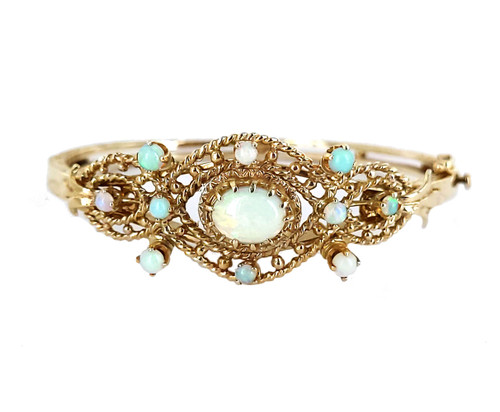 Vintage 14k Gold 1.56cttw Victorian Revival Australian Opal Bangle Bracelet 6”