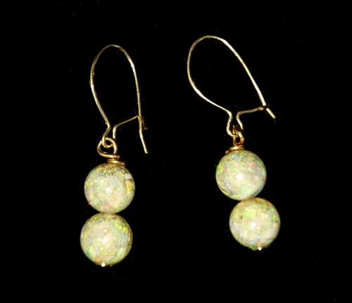 Vintage Gold Filled Floating Opal Fragments Fixed Chip Bead Earrings 1.25”