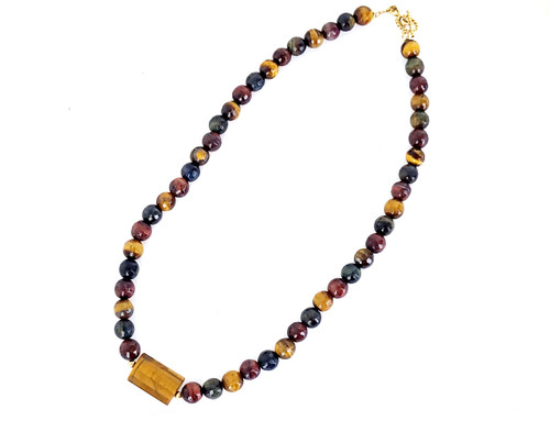 Estate Gold Filled Faceted Gold Red Blue Tigers Eye Gemstone Beaded Necklace 17”