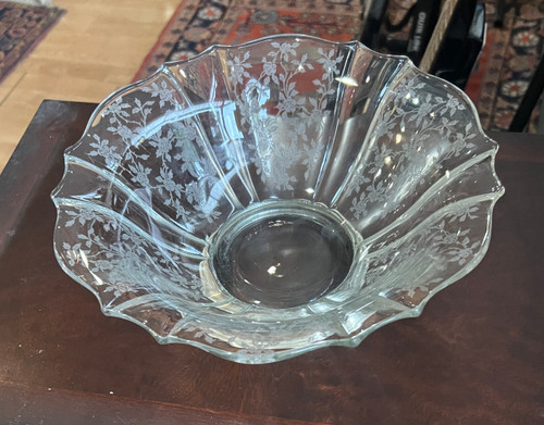 Antique Deco Sterling Etched Glass Center Bowl Roses Fostoria Heisey Cambridge