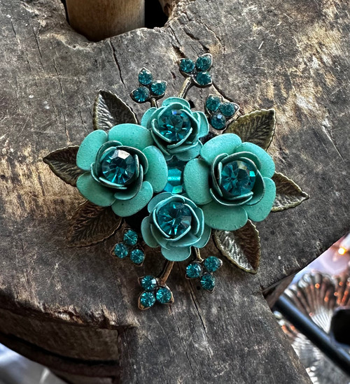 Vintage Michal Negrin Blue Turquoise Crystal Enamel Flower Brooch Pin 2”