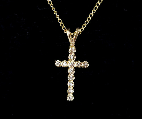 Vintage 14k Yellow Gold .1ct Diamonds Cross Petite Pendant Necklace 16”