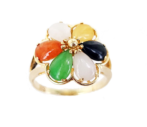 Vintage 14k gold Green White Black Yellow Jadeite Jade Floral Flower Ring sz 5